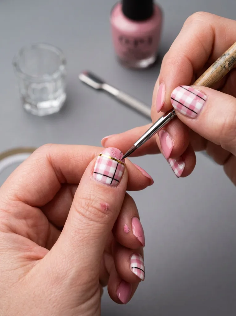 Fixing a nail polish mistake on gingham easter nail design close up