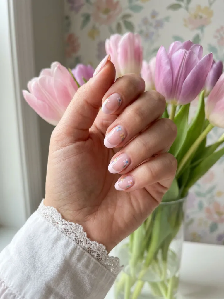 Floral French manicure easter nails on hand holding pastel tulips