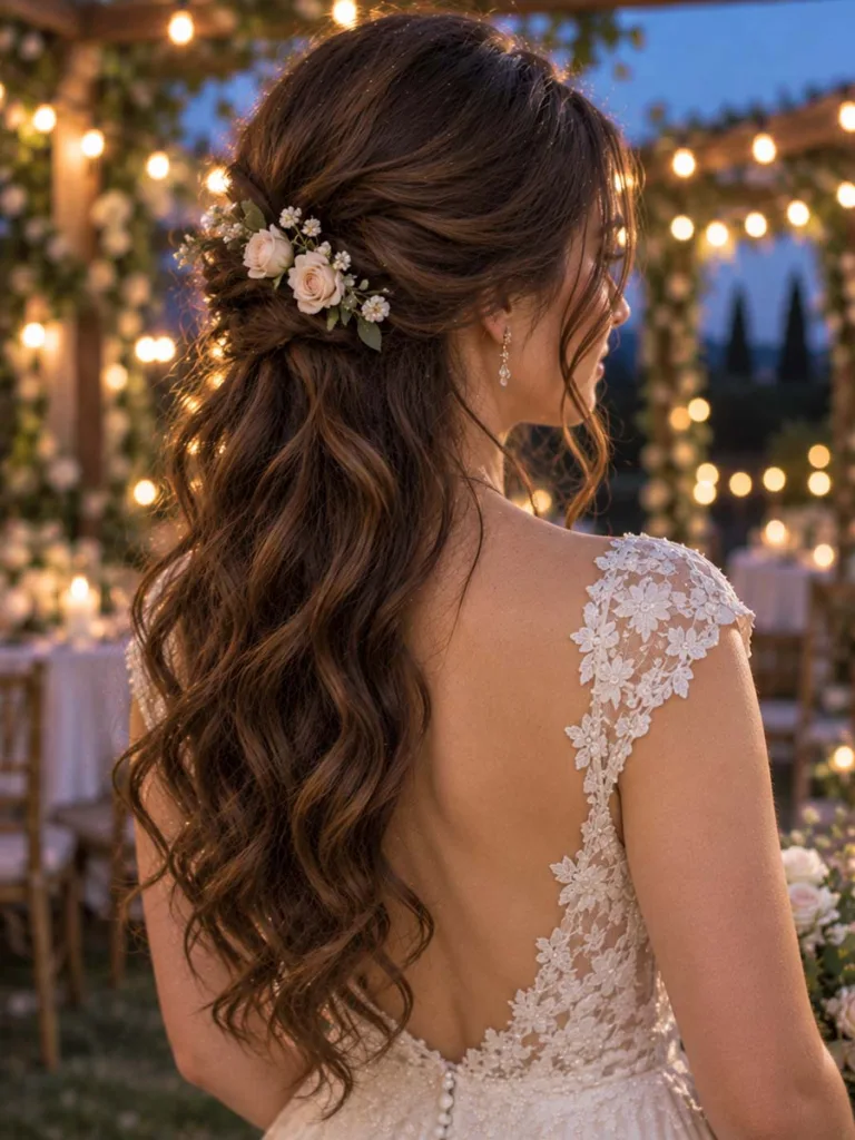 Floral half up wedding hairstyle with small blooms for brunette hair at a garden wedding