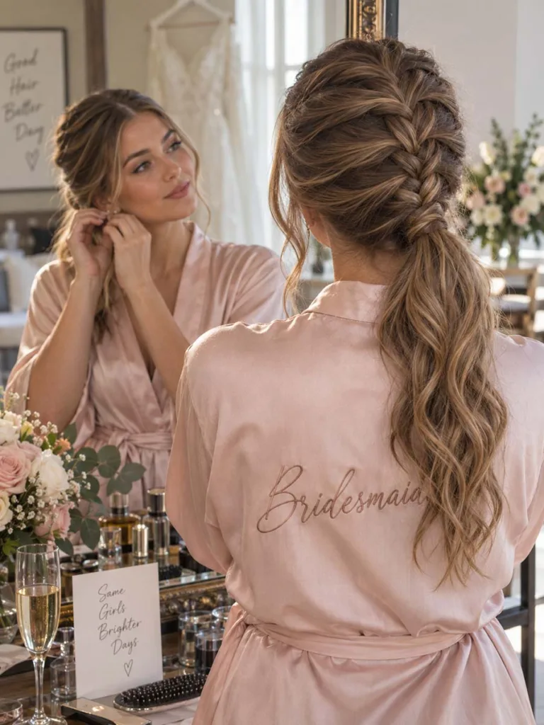 Bridesmaid getting her hair styled into a French braid ponytail before a wedding ceremony