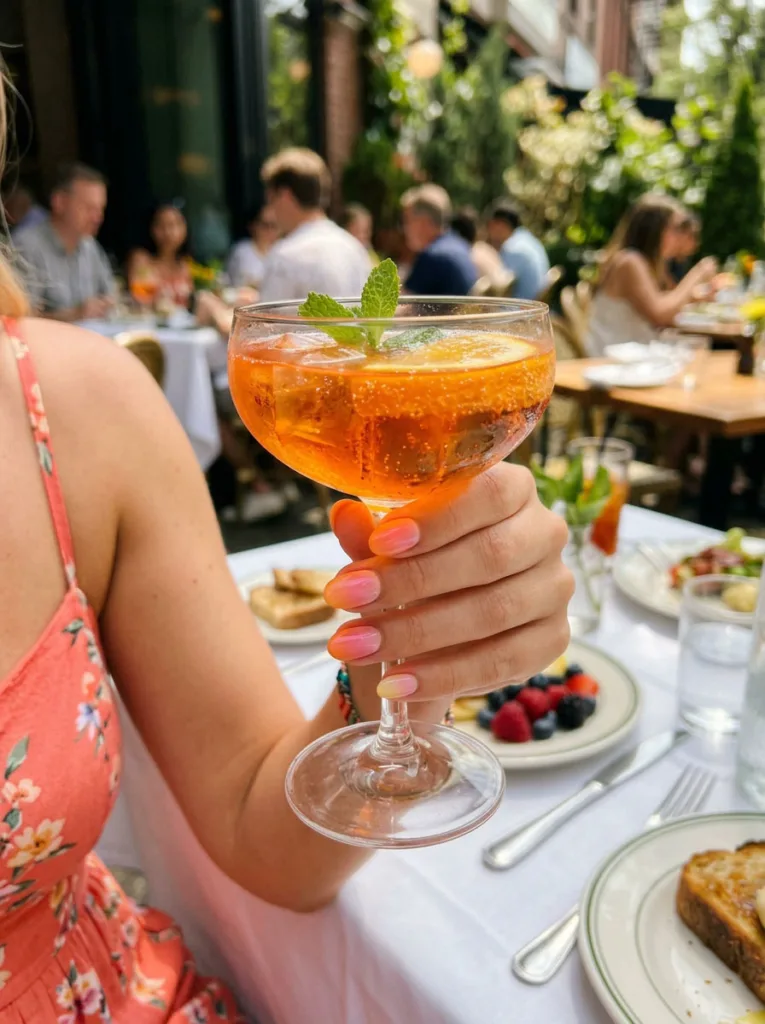 Fruit cocktail ombre fruit nail design on a hand holding a drink at an outdoor brunch
