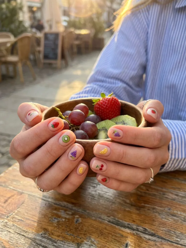 Mixed fruit salad nail design on two hands cradling a bowl of fresh fruit