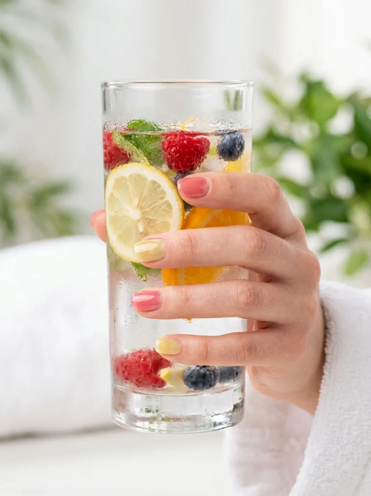 Sheer jelly fruit water nail design on a hand holding a glass of fruit-infused water