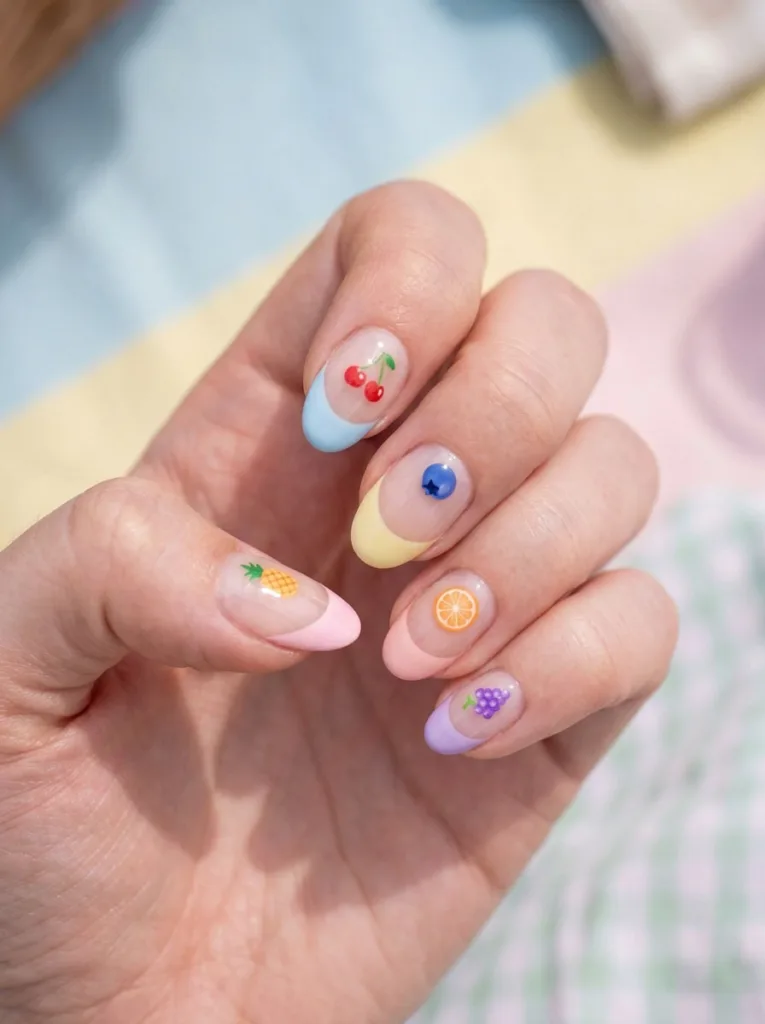 Fruity striped French tip nail design on a hand resting on a pastel picnic blanket