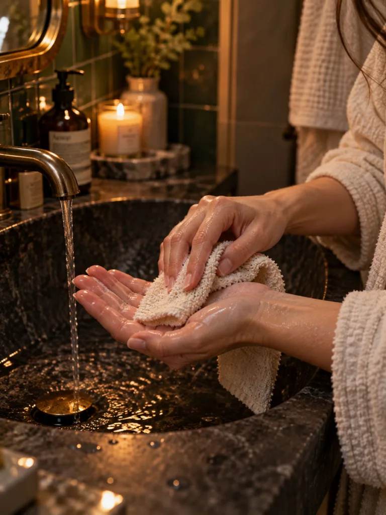 Woman gently exfoliating her hands with a washcloth as part of her evening routine