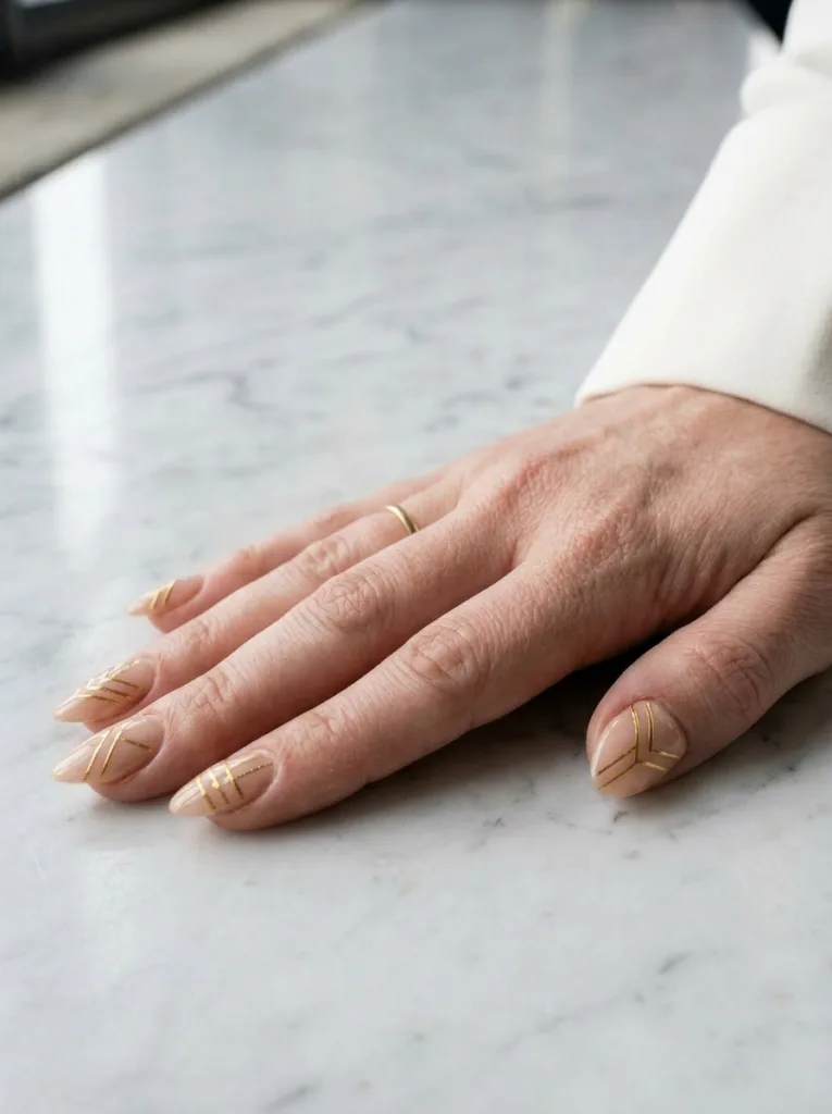Geometric line art wedding nail design on a modern marble surface