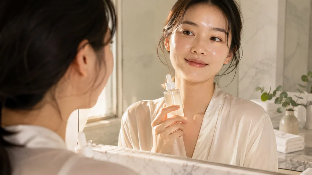 Best Korean essences for glowing skin held by a woman with dewy, radiant skin during her morning routine