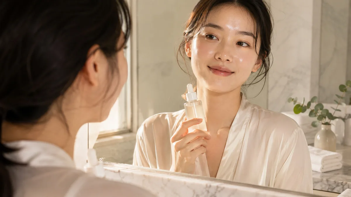 Best Korean essences for glowing skin held by a woman with dewy, radiant skin during her morning routine
