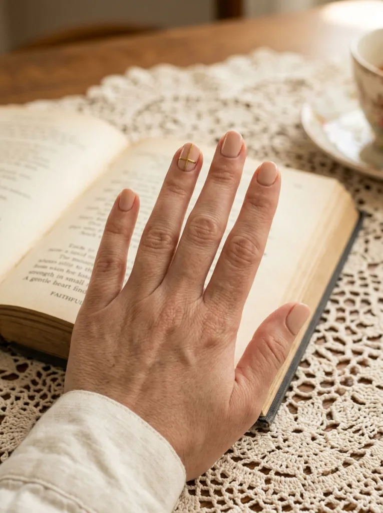 Gold cross accent nail on pastel easter nails resting on open book
