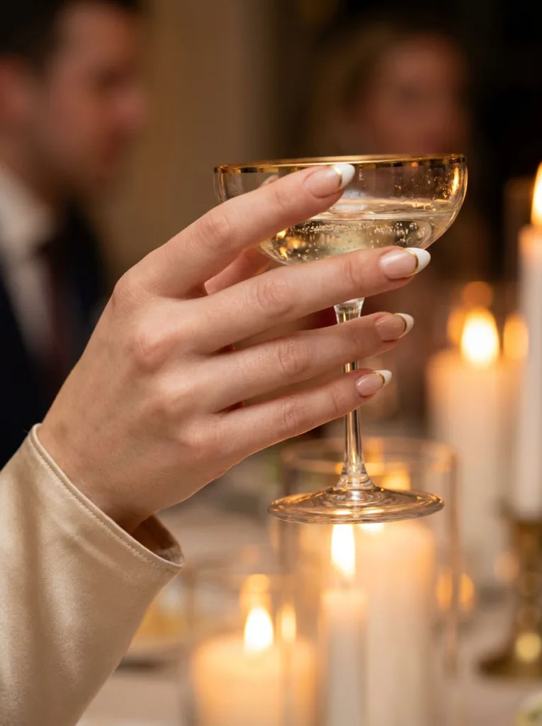 Gold-lined French tip wedding nails holding a gold-rimmed champagne coupe