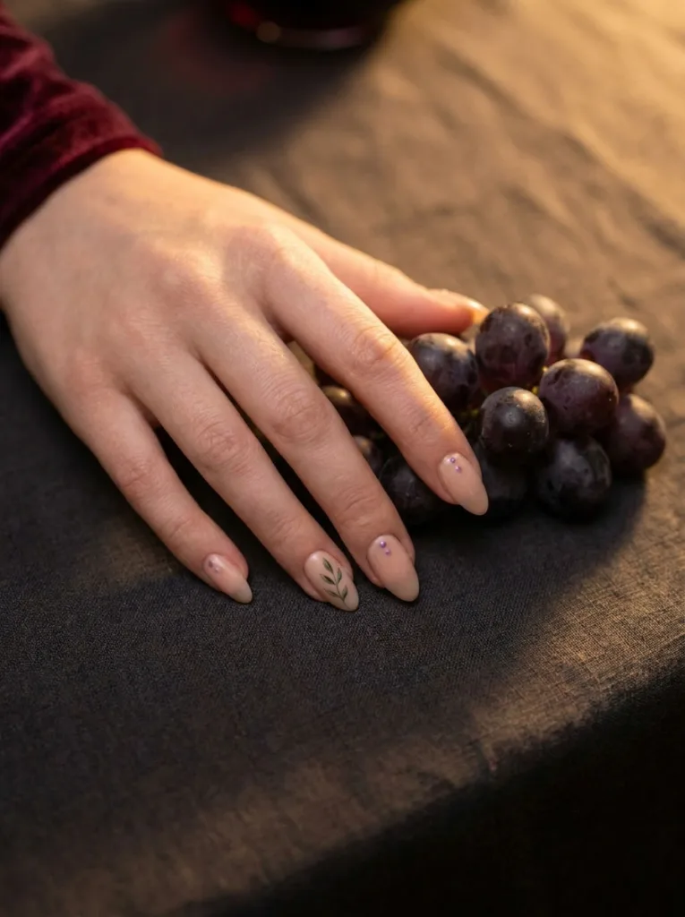 Grape cluster fruit nail design on a hand resting near fresh grapes