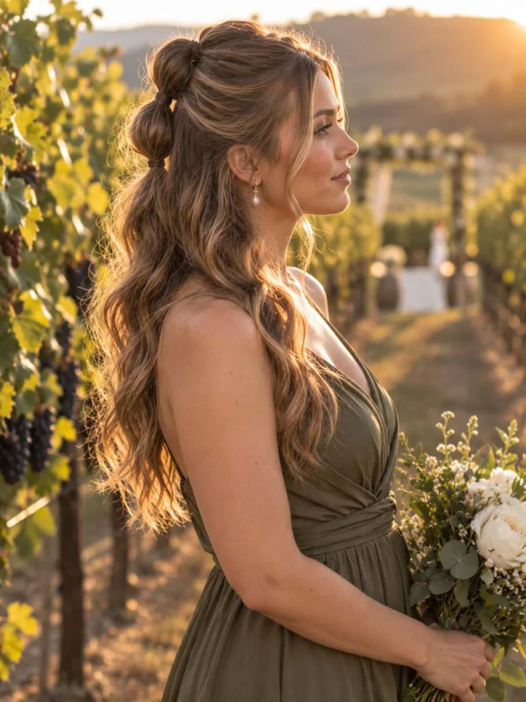 Bridesmaid with a half-up bubble ponytail standing among vineyard rows at golden hour