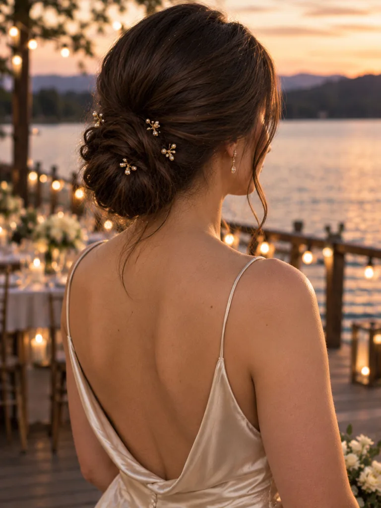 Half up chignon hairstyle with gold pins for brunette wedding hair