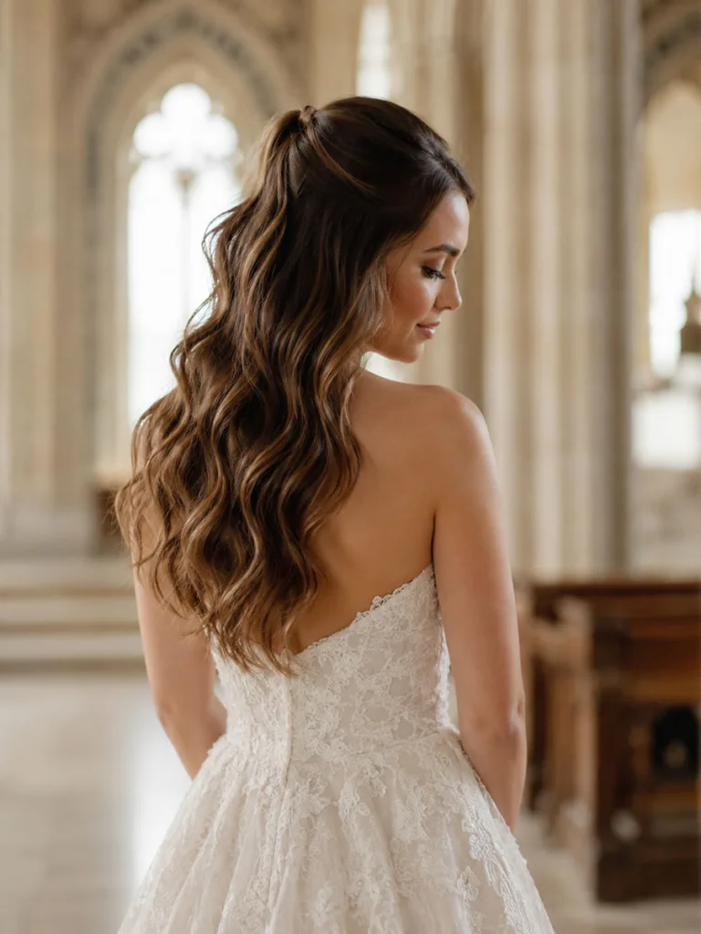 Half-up wedding ponytail with loose waves