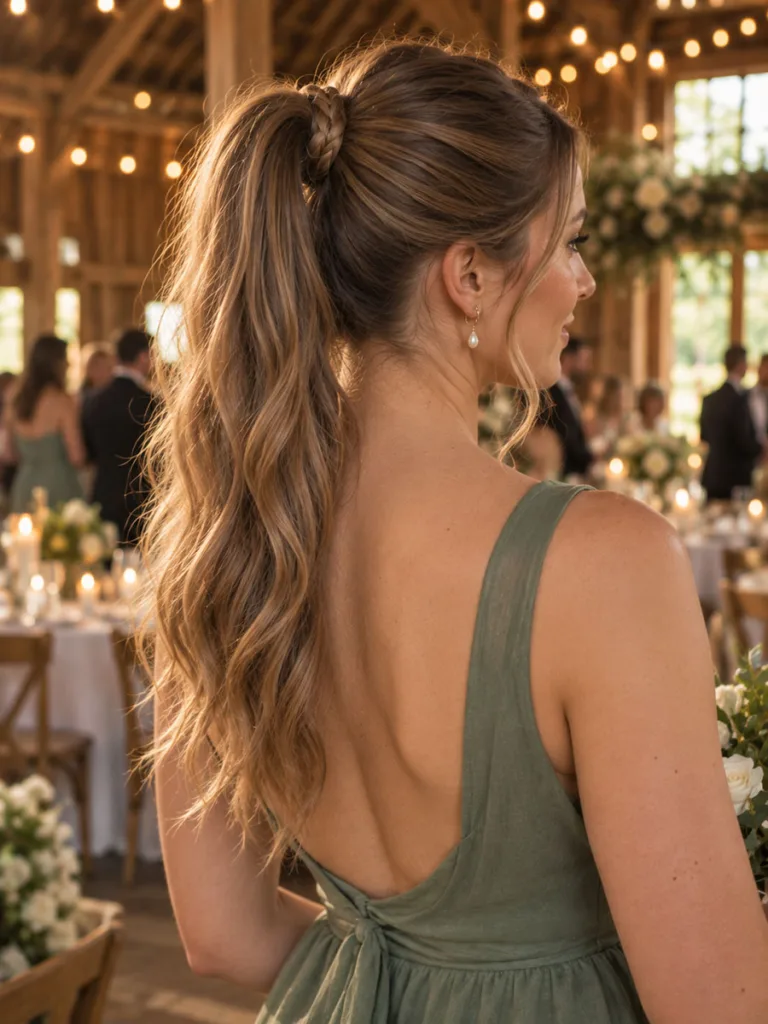 Bridesmaid with a high ponytail and braided wrap detail at a rustic barn wedding