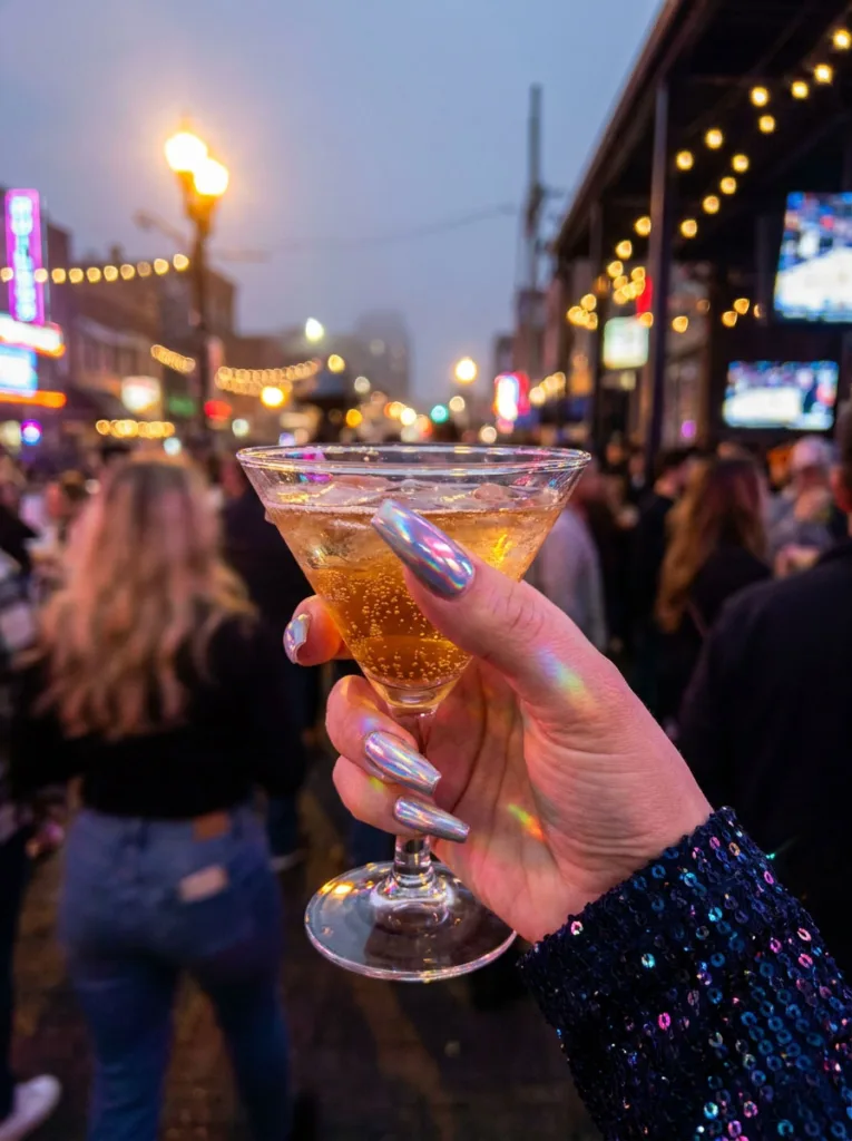 Fair-skinned hand with rainbow holographic chrome nails holding a cocktail glass under colorful neon club lighting