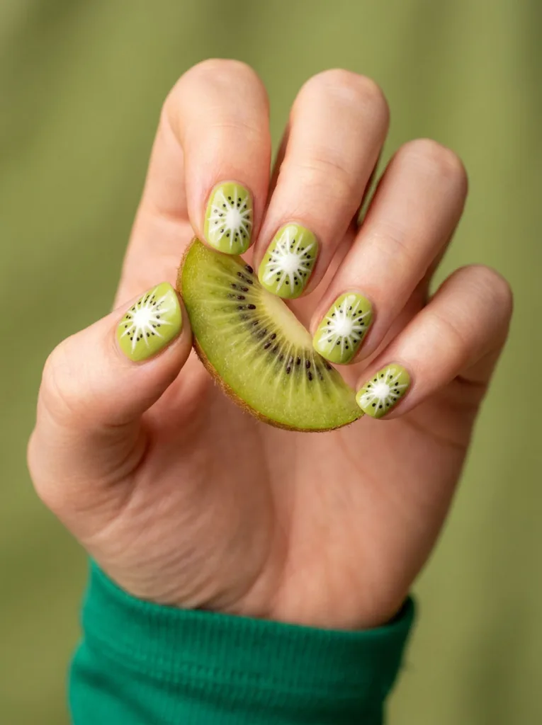 Kiwi swirl fruit nail design on a hand holding a sliced kiwi