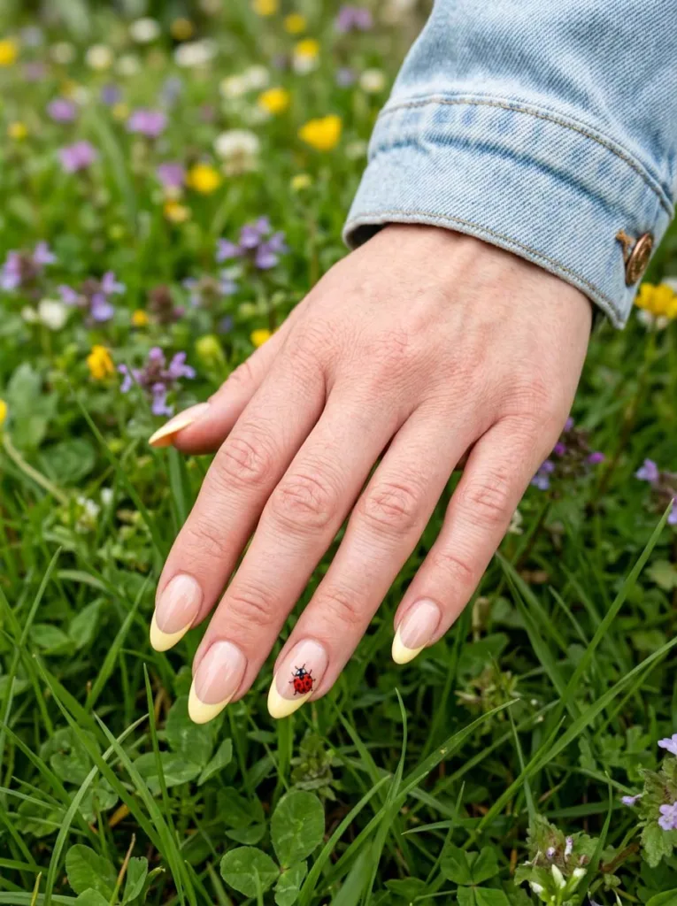 Fair-skinned hand with a ladybug accent nail on a butter yellow French tip in a garden