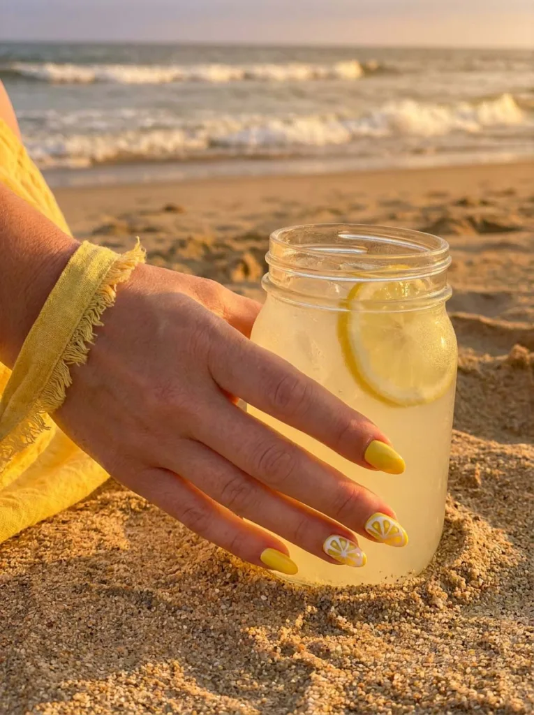 Fair-skinned hand with lemon slice nail art holding a lemonade glass on the beach
