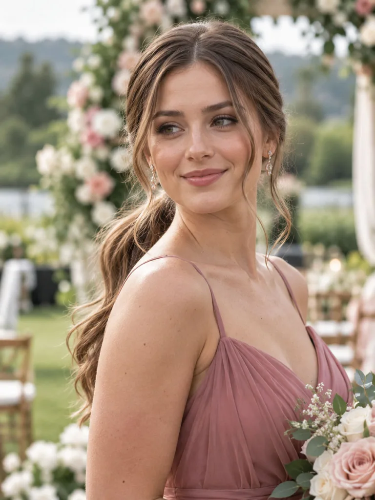 Bridesmaid with a low wavy ponytail and face-framing pieces at an outdoor garden wedding