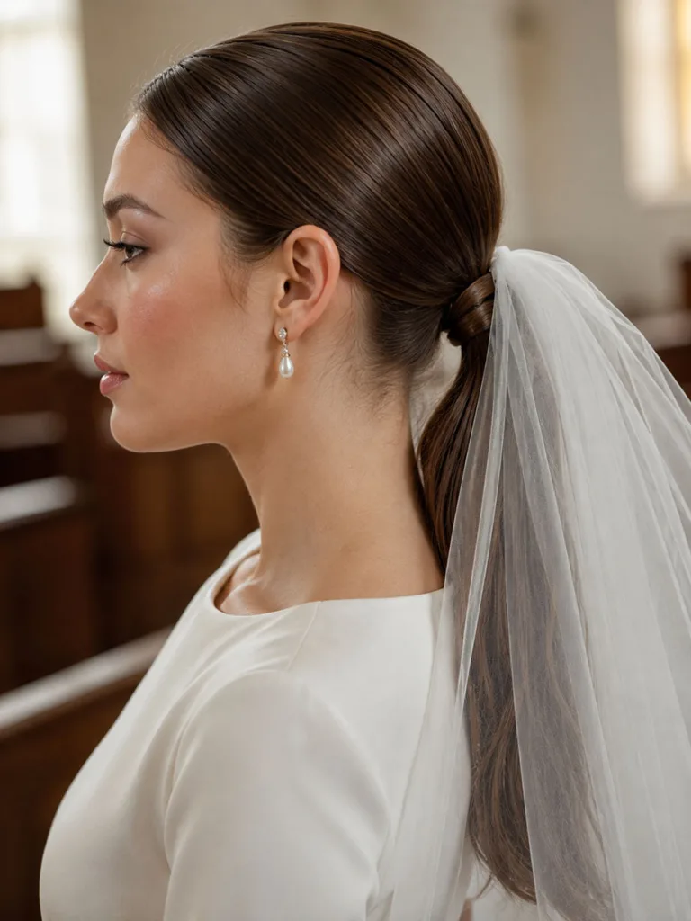 Low sleek wedding ponytail hairstyle at the nape with a cathedral veil, side profile