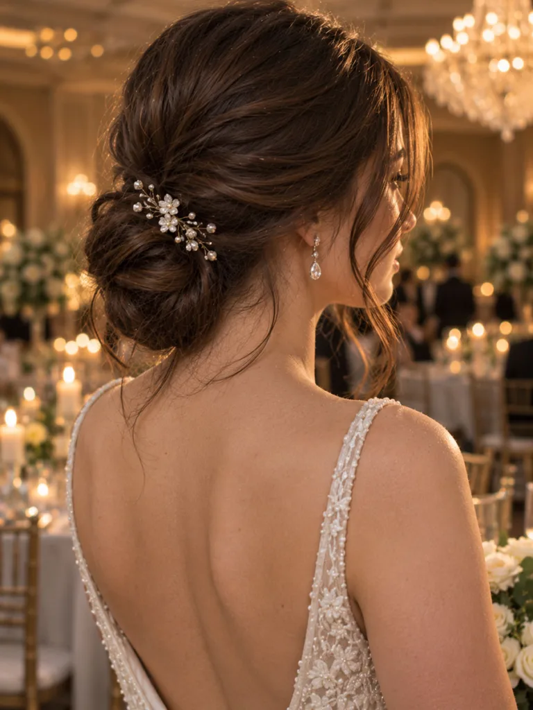 Low twisted knot half up hairstyle with face-framing tendrils for brunette wedding hair