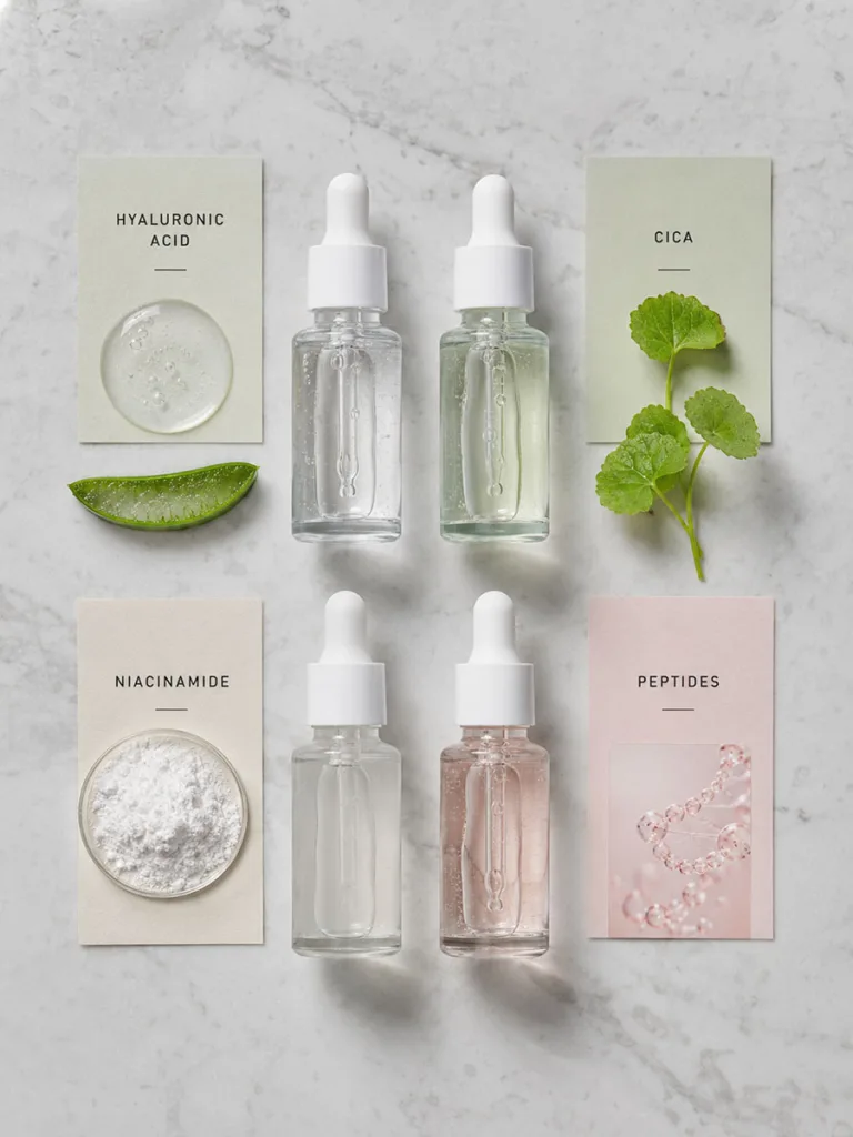 Overhead flat lay of Korean essence ingredients organized by skin type, including hyaluronic acid, cica, niacinamide, and peptides