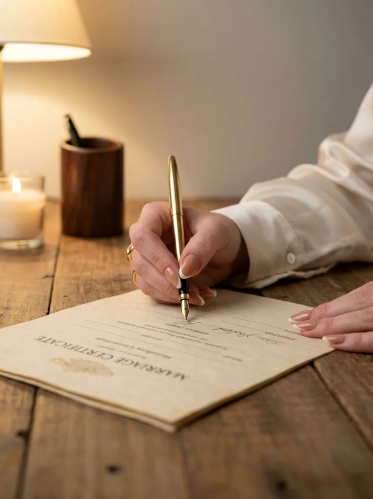 Micro French tip wedding nails on a hand signing a marriage certificate
