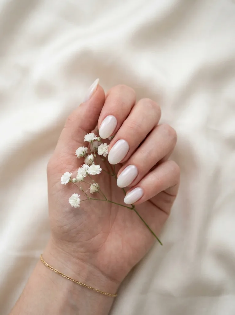 Milky white wedding nails with a satin sheen finish on short almond nails