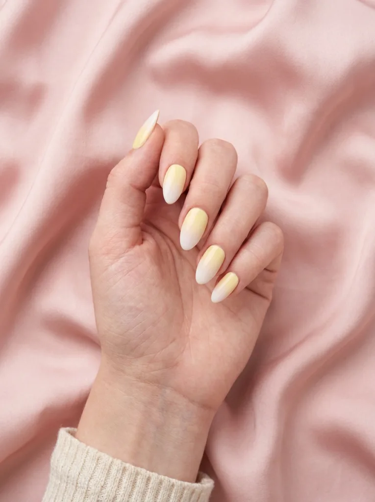 Fair-skinned hand with a milky yellow ombre manicure on blush silk fabric