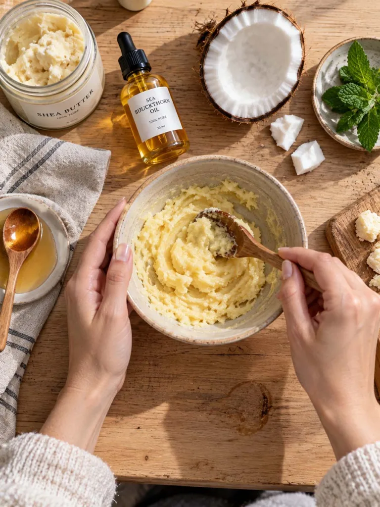 Overhead view of a DIY shea butter and oil hand mask being mixed for a dry hands treatment