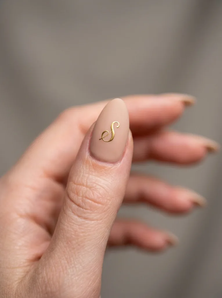 Monogram wedding nail art featuring a tiny painted initial detail