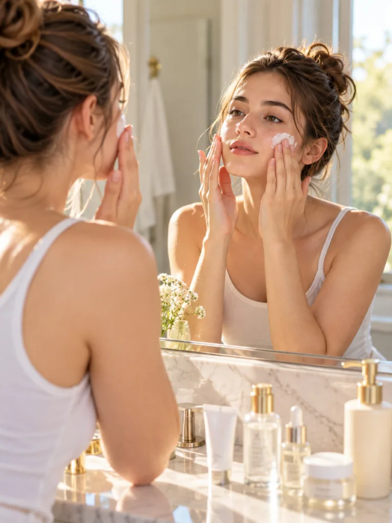 Woman applying sunscreen as the final step of her morning skincare routine order in natural daylight