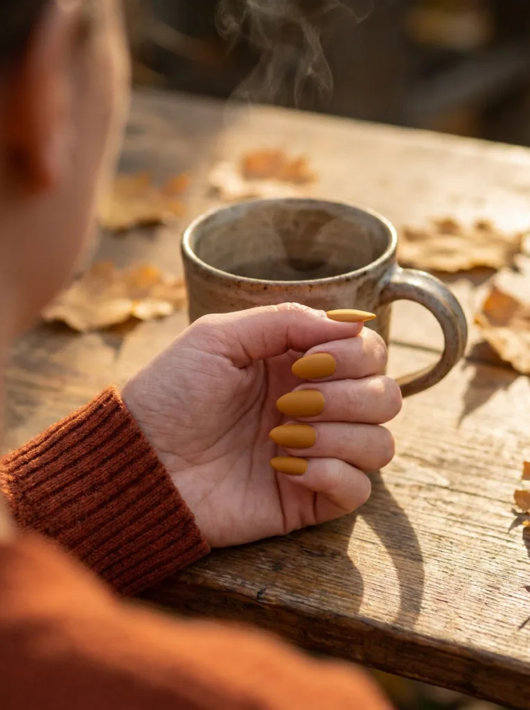 Fair-skinned hand with mustard yellow matte nails holding a mug on a rustic autumn table