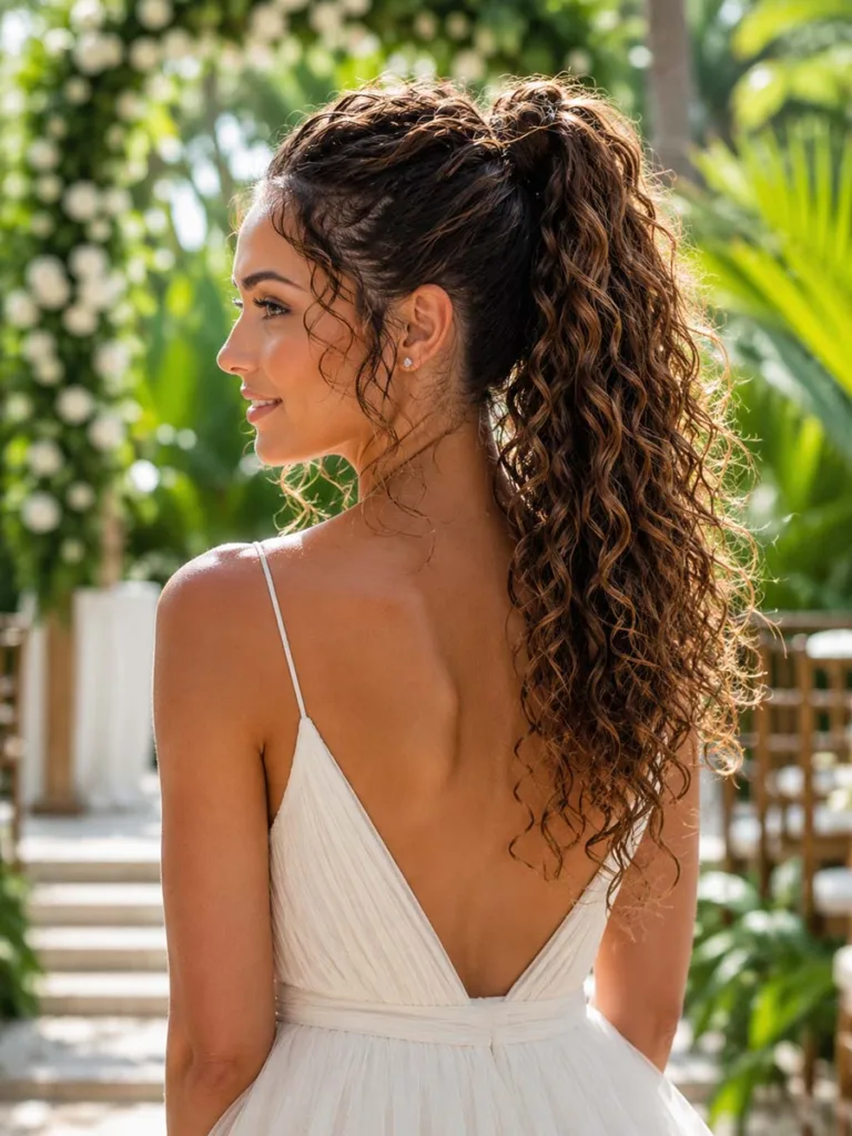 Natural curly wedding ponytail left loose from a high base in an outdoor garden setting