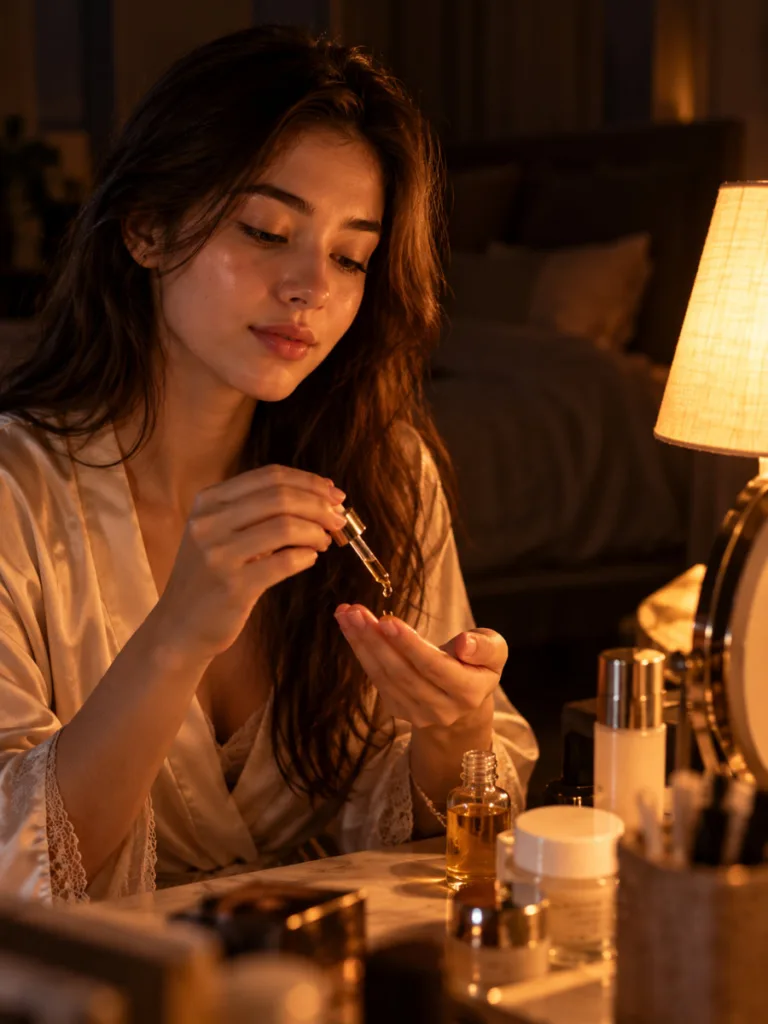 Woman applying face oil during her nighttime skincare routine order by warm lamp light