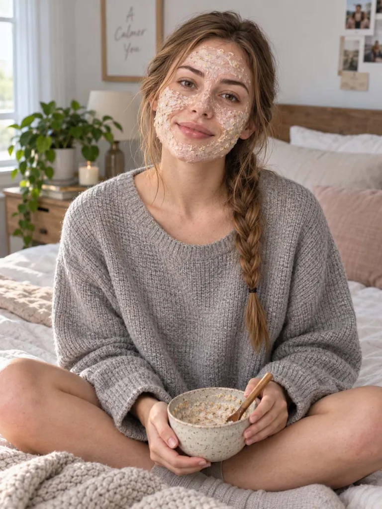 Woman with an oatmeal and yogurt face mask applied for sensitive dehydrated skin