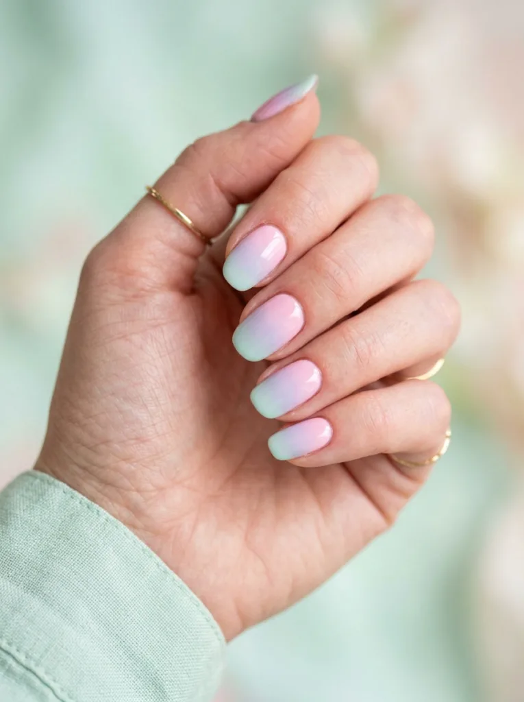 Ombre gradient easter nails blending pink into lavender and mint