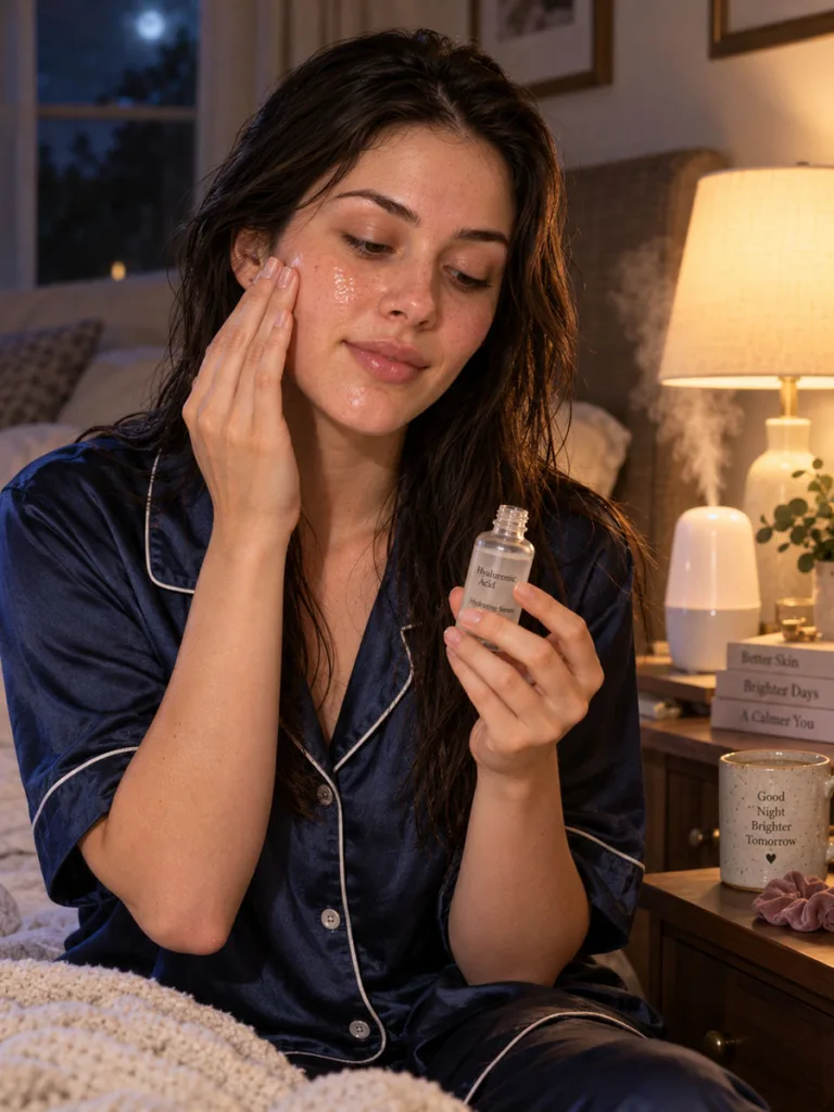 Woman applying an overnight hyaluronic acid serum mask before bed