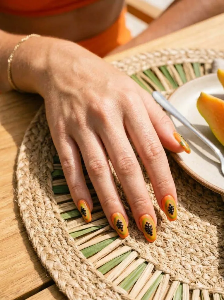 Tropical papaya fruit nail design on a hand poolside with papaya slices