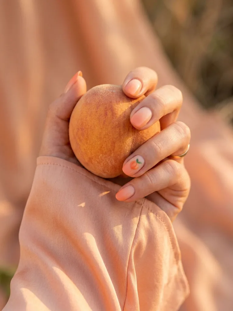 Peach ombre fruit nail design on a hand cupping a ripe peach