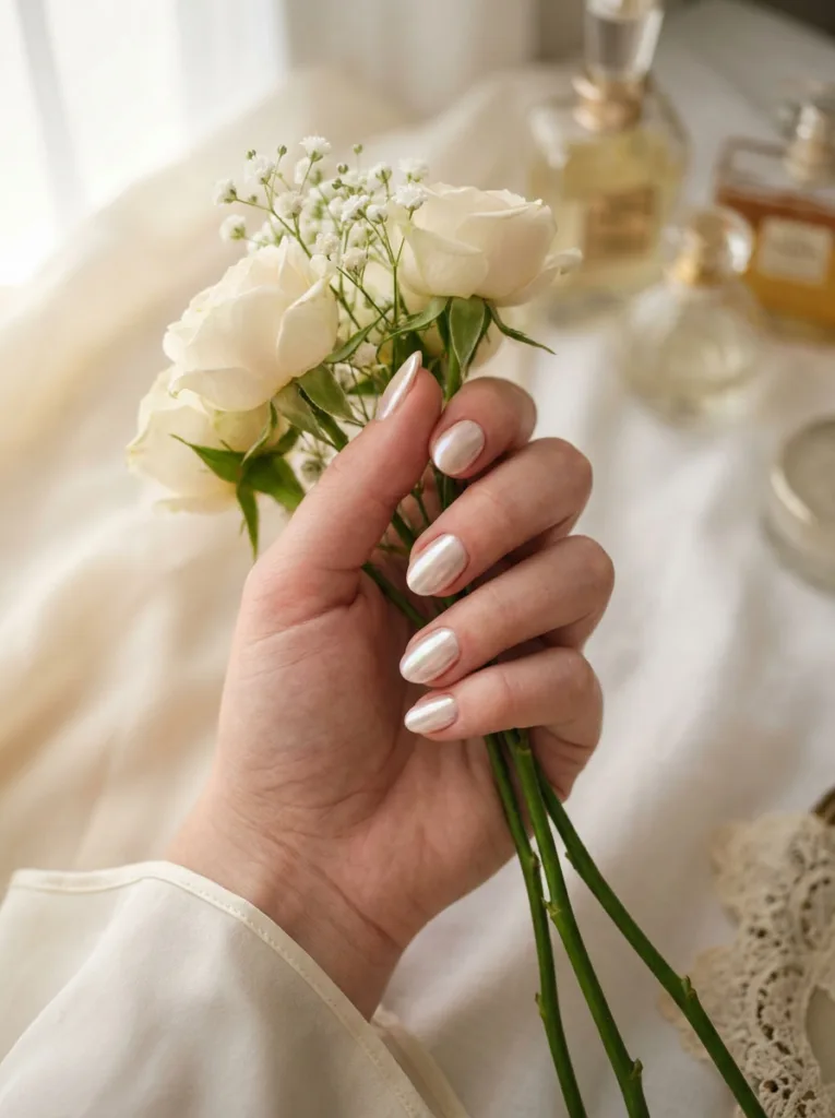 Fair-skinned hand with soft opalescent pearl chrome nails holding a small bunch of ivory flowers