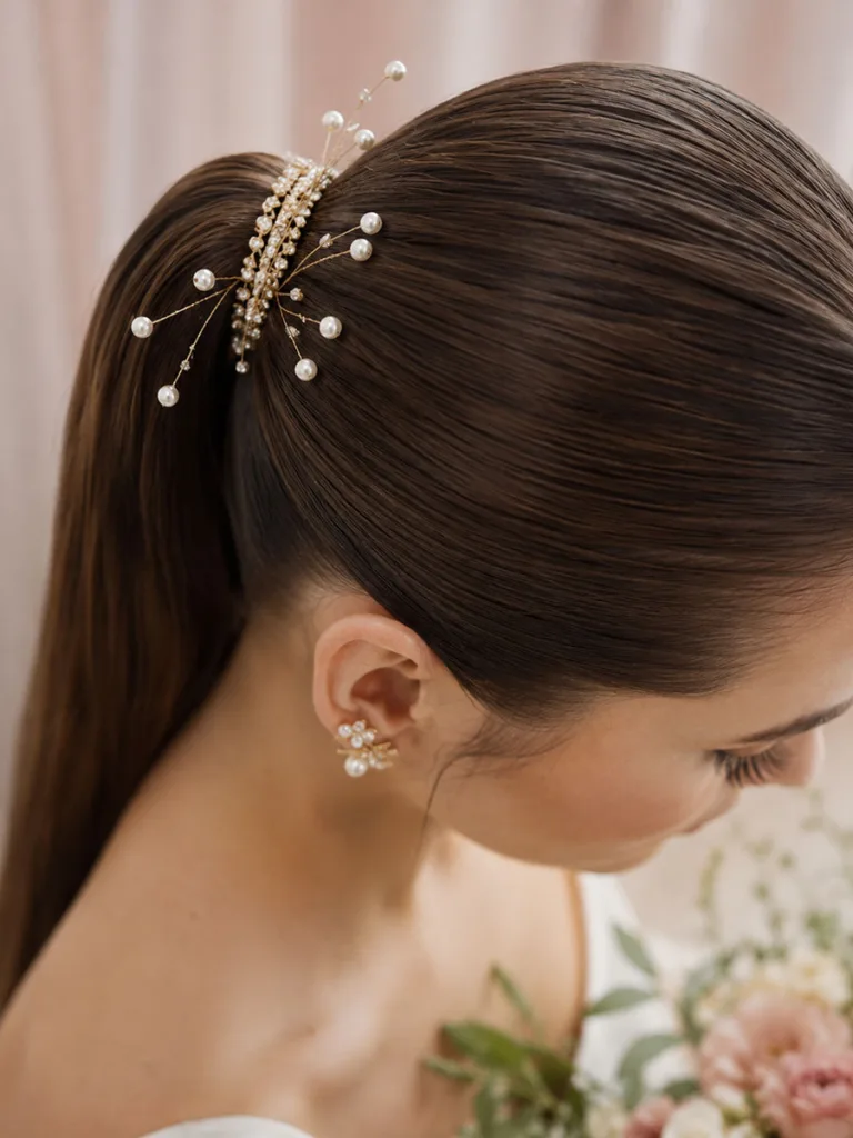 Pearl pins and a delicate hair vine styled into a wedding ponytail