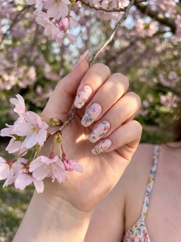 Hand-painted floral nail art on long nails held near a cherry blossom branch