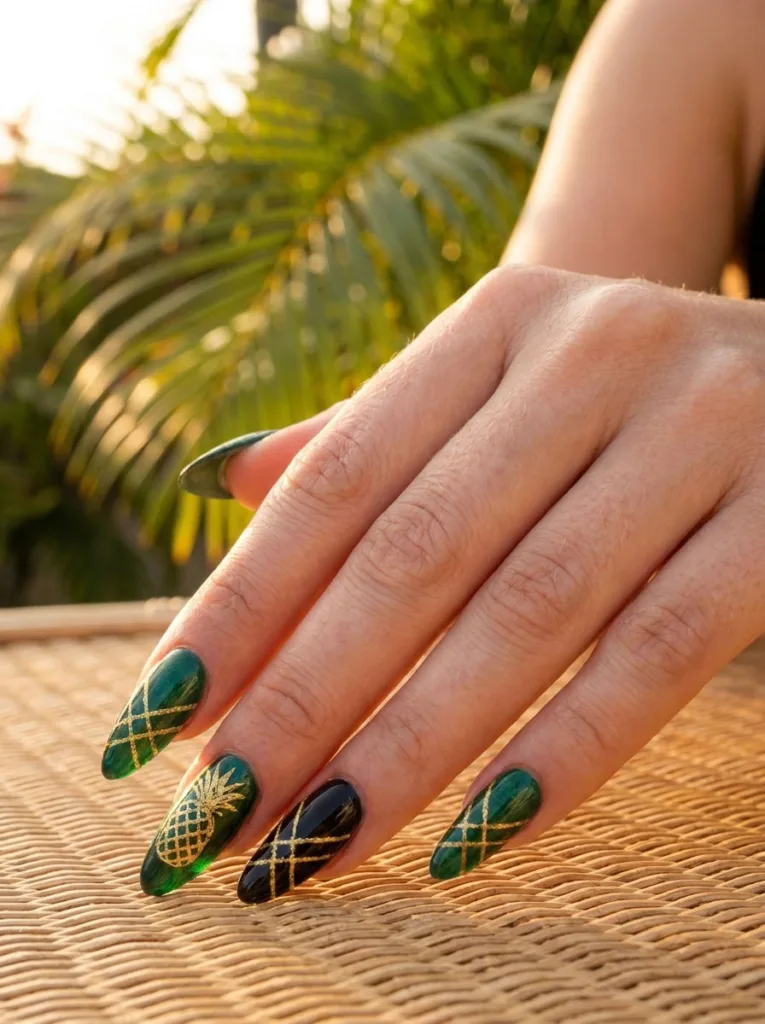 Gold geometric pineapple fruit nail design on a hand near tropical leaves
