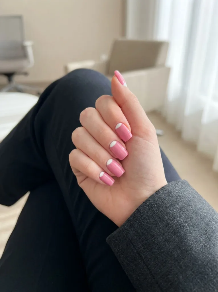 Saturated glossy Barbie pink nail polish on hand splayed toward camera