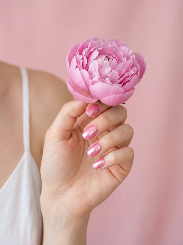 Fair-skinned hand with candy-pink chrome nails holding a fresh peony against a pastel pink backdrop