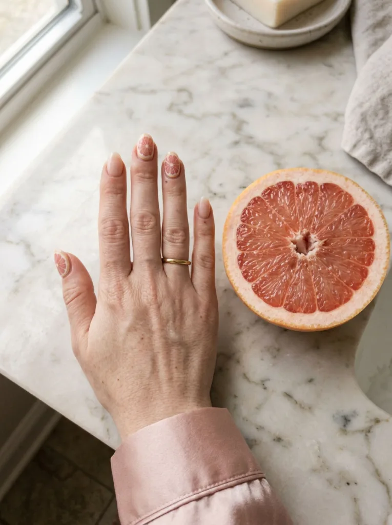 Pink grapefruit fruit nail design on a hand beside a halved grapefruit