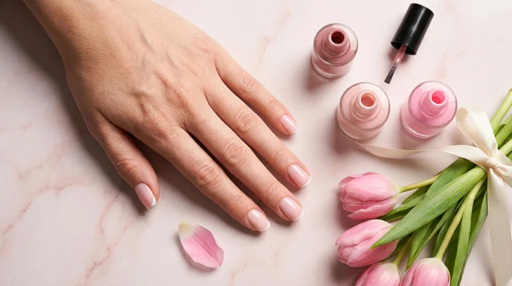 Pink nails for spring flat lay with polish bottles and fresh tulips