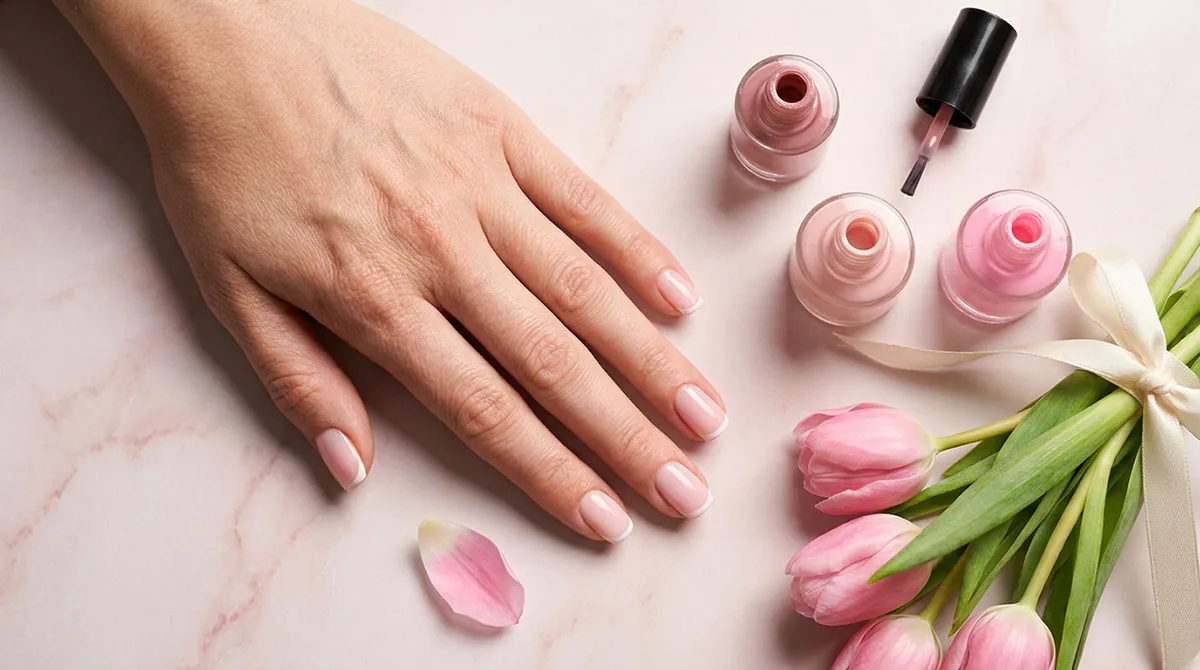 Pink nails for spring flat lay with polish bottles and fresh tulips
